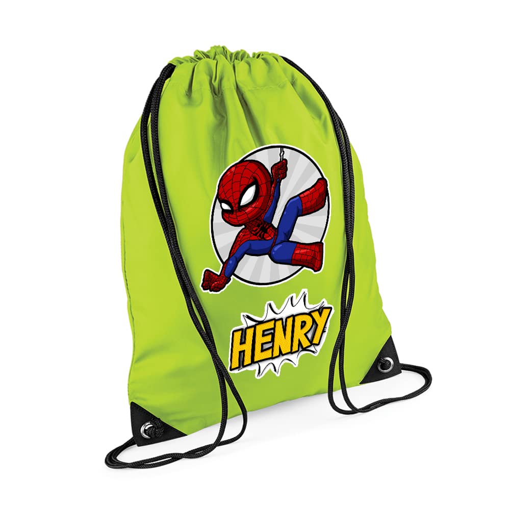 Superhero Bag, Personalised Backpack, Gift For Kids, Boy, Cartton Character Bag, Birthday, Christmas Drawstring Bag, PE Gym Kit Swimming, Sport Rucksack. (Lime Green) โ image 1