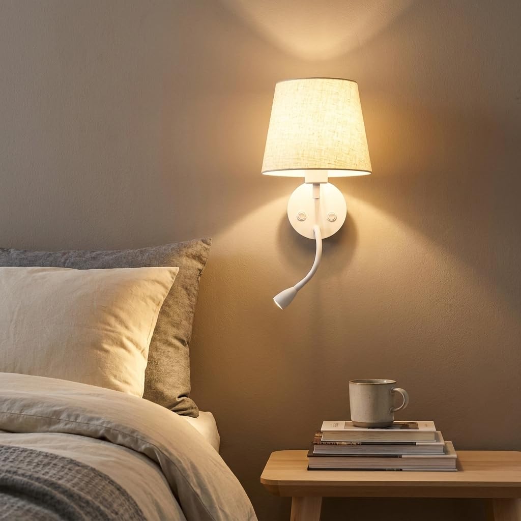 BARCELONA LED Aplique de Pared para Lectura MAR II con Casquillo E27 y Foco LED Flexible 3W 2400K Luz Cálida, Lámpara de Cabecero con Pantalla de Tela, Doble Interruptor, Blanco para Dormitorio