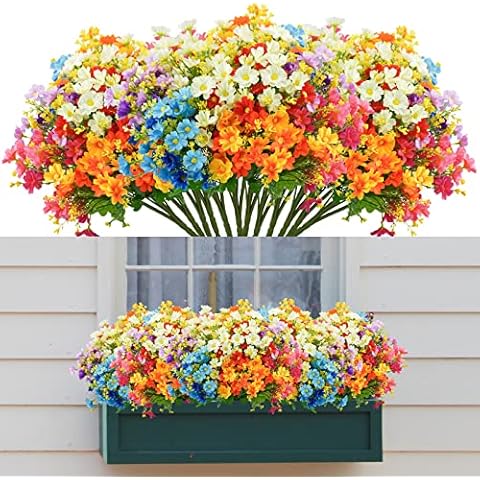 Agusbagli Artificial Flowers for Outdoors, 12 Bundles Fake Flowers Bulk UV Resistant Daisy Flowers Plastic Greenery Shrub Plant Window Box Flowers for Wedding Garden Home Porch Summer Decor Cover