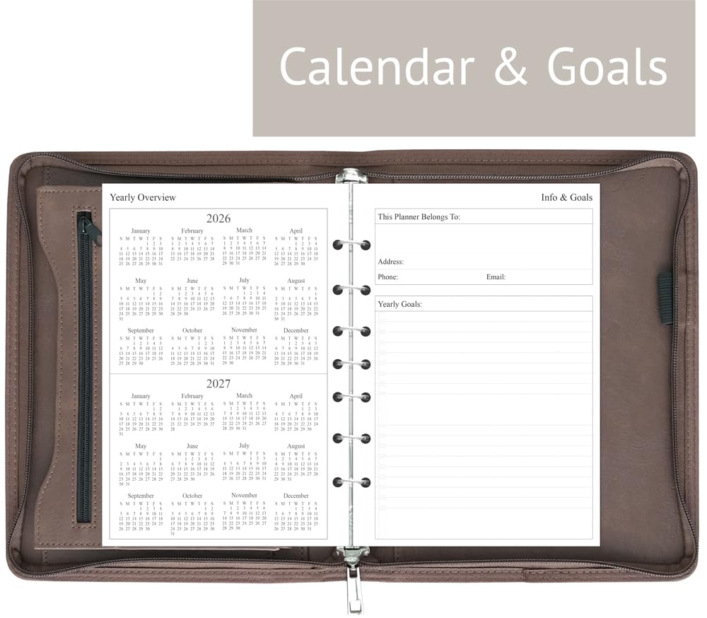 Fan&Ran 2026 Terminplaner mit Reißverschluss, 7-Ring-Mini-Binder mit Wocheneinlagen (Jan – Dezember 2026), Schreibtischgröße, Vintagebraun