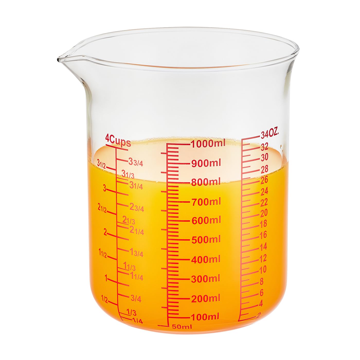 Vaso medidor de vidrio de borosilicato alto, boquilla en forma de V, vaso medidor de vidrio para cocina o restaurante, fácil de leer, 1000 ml (32 onzas, 4 tazas)