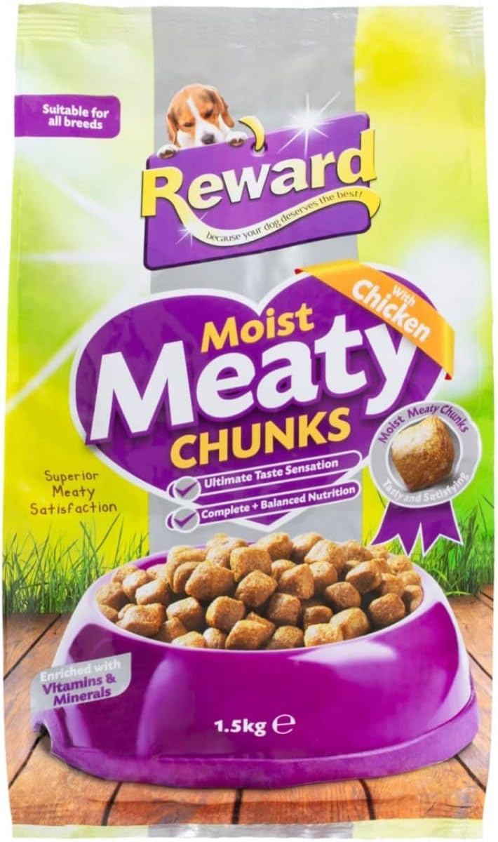 Reward Moist Meaty Chunks Adult Dog Food 1.5kg - Complete Wet Style Dog Food with Real Meat, High Protein, Enriched with Vitamins & Minerals, Soft Moist Chunks for All Adult Dog Breeds, Chicken