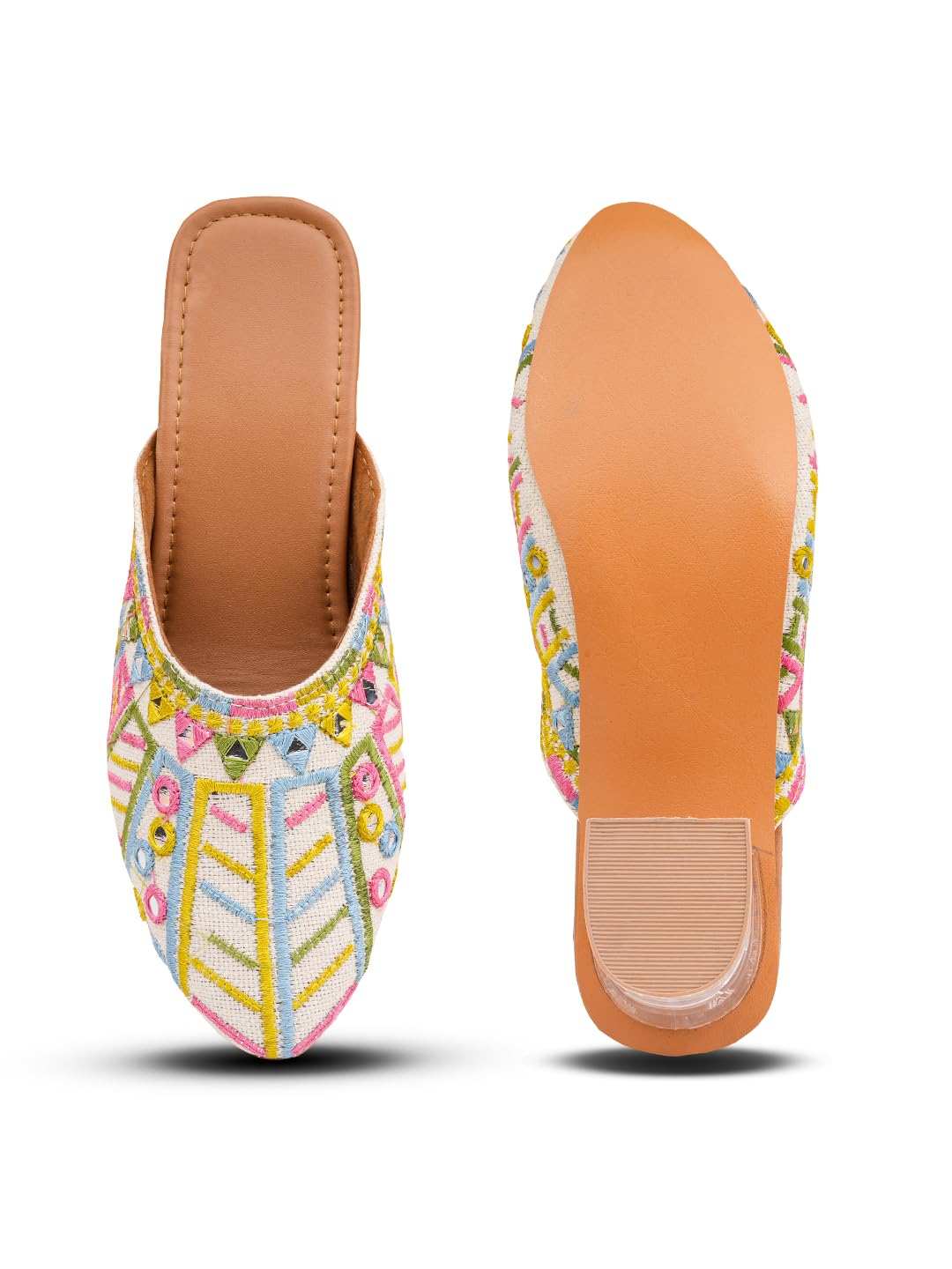 Women’s Embroidered Mule Flats – Multicolour Pointed Toe Slip-On with Mirror Work, Ethnic Style Casual & Festive Foot-image-31