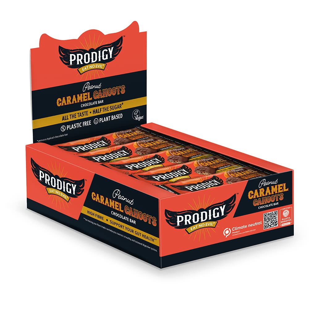 Prodigy Cahoots Peanut & Caramel Chocolate Bars | 1 Box X 15 Bars | Plant Based | Prebiotic Fibre | Palm Oil Free | Natural Sugar | Vegan Chocolate | Compostable Packaging
