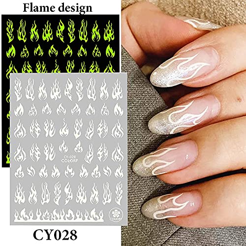 6 Sheets Luminous Flame Stars Moon Flowers Nail Art Stickers, 3D Self Adhesive Fire Constellation Star Butterfly Flower Heart Nail Design For Women Girls, Glow In Night, Diy Nail Decoration #TOP1
