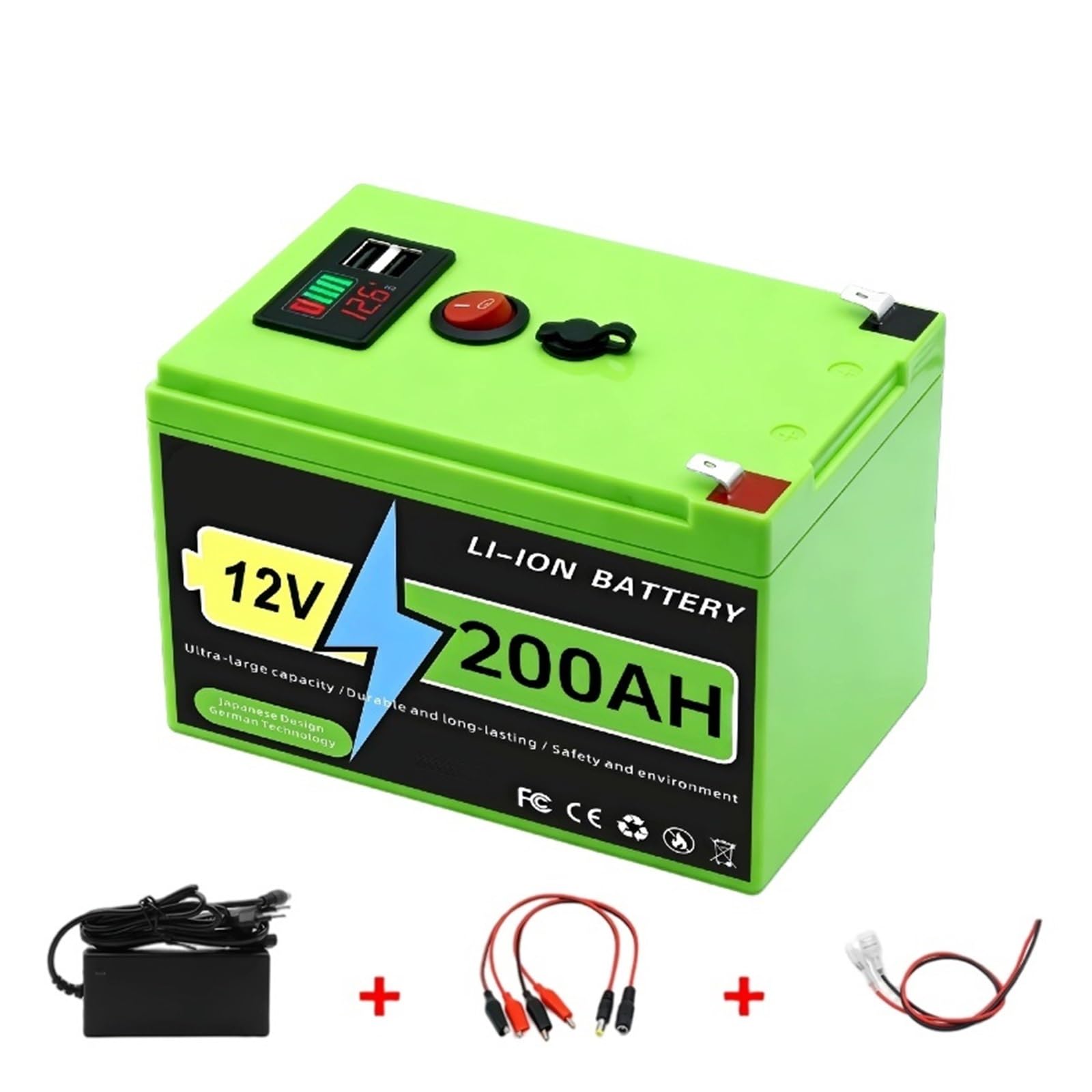 Batería solar LiFePO4 de 12V y 200Ah, litio BMS incorporado recargable de ciclo profundo de 200000mAh for ruedas eléctricas, scooters y buscadores de peces(200Ah x1 Charger x1)
