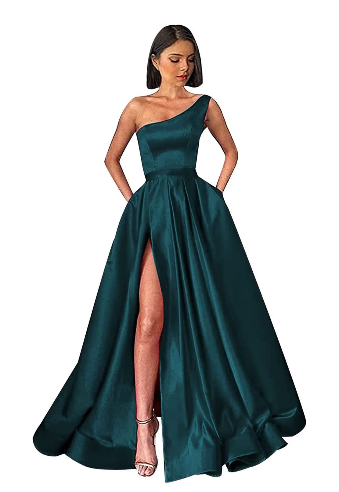 Sincemeet Vestido de Fiesta de satén con un Hombro para Mujer Vestido Largo de Dama de Honor Vestido de Fiesta con Corte en A