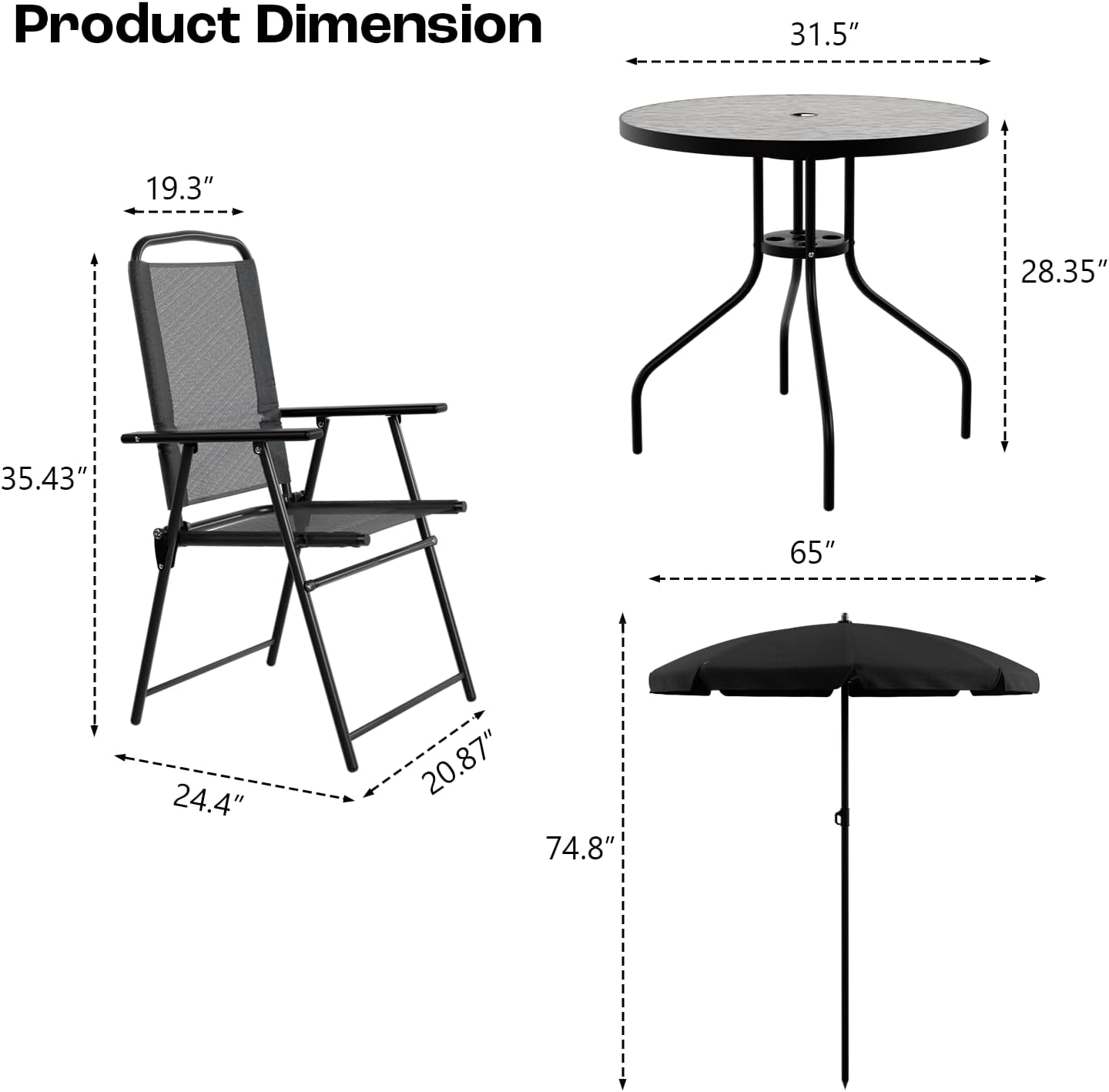 PUKAMI 6 Piece Folding Patio Dining Set with Umbrella, Outdoor Table and Chair with 4 Dining Chairs and Round Glass Table for Garden, Backyard and Deck, Black