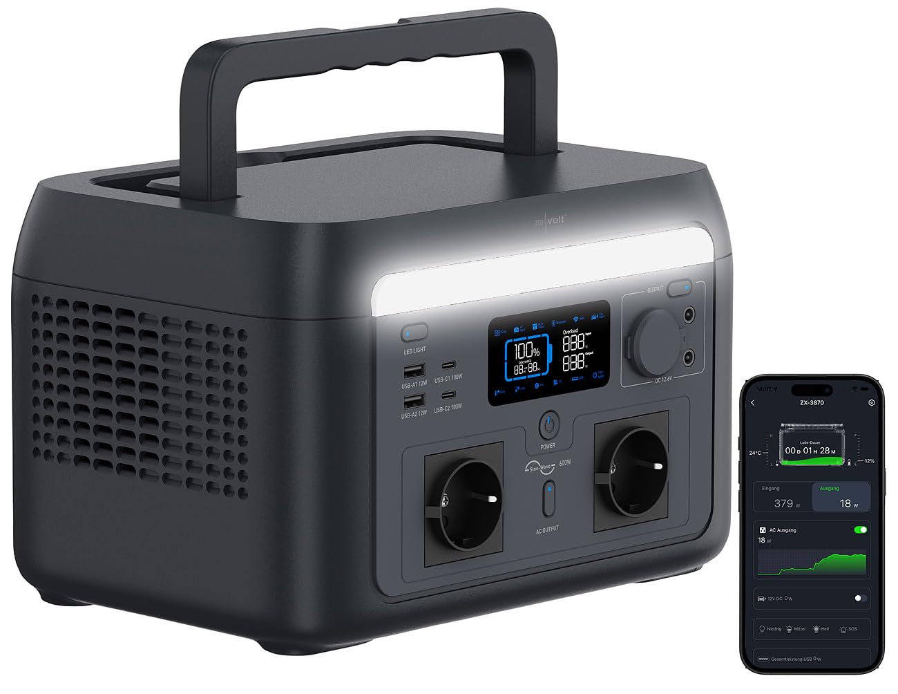 revolt Powerpack: Tragbare Powerstation & Solargenerator 512 Wh, USV, App, 600 W (Wechselrichter, Powerstation mit Notstromfunktion, Handy)