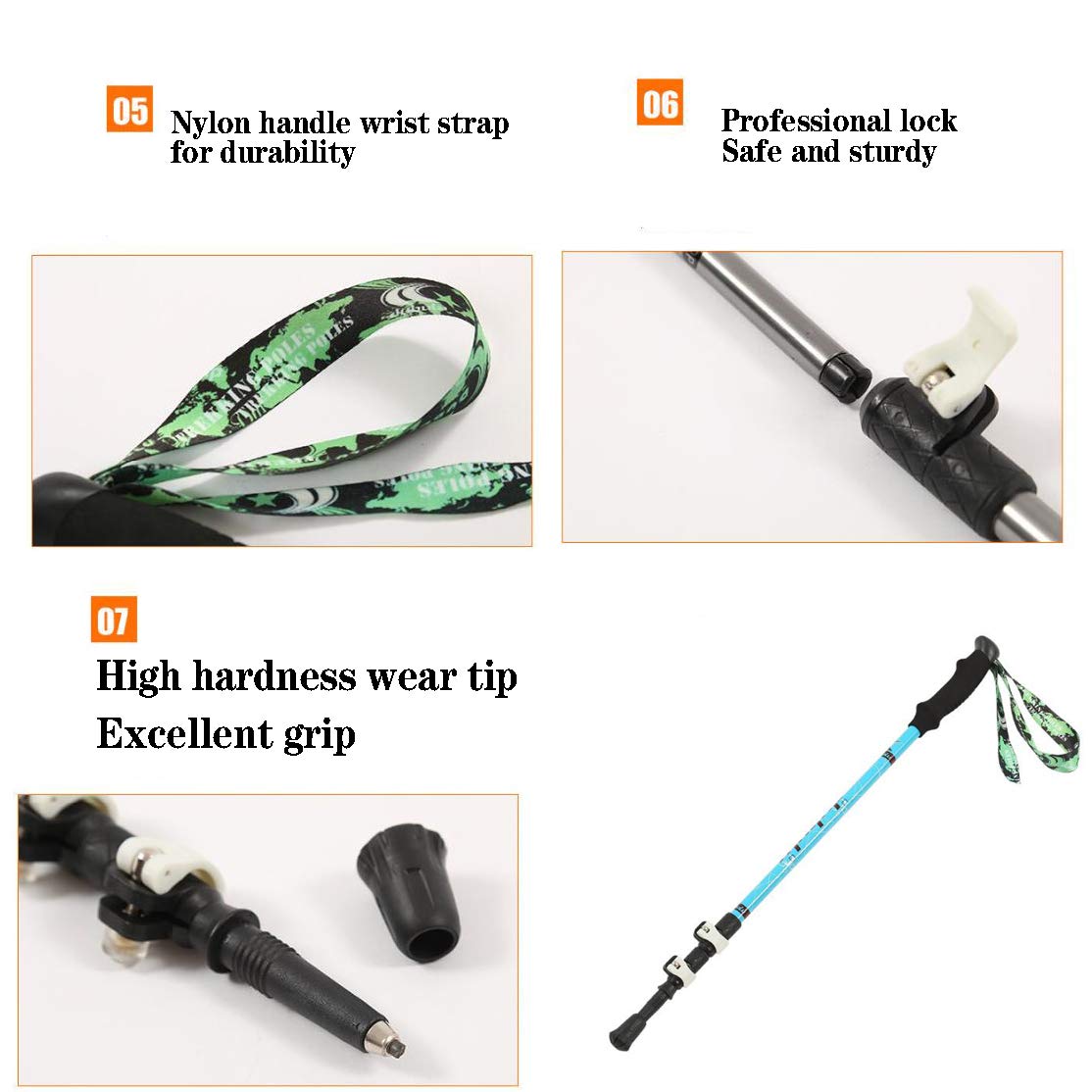 Bastón plegable para caminar, bastones de senderismo, telescópicos ajustables, bastones de senderismo plegables con correas de muñeca ajustables de bloqueo rápido para senderismo, camping, montañism