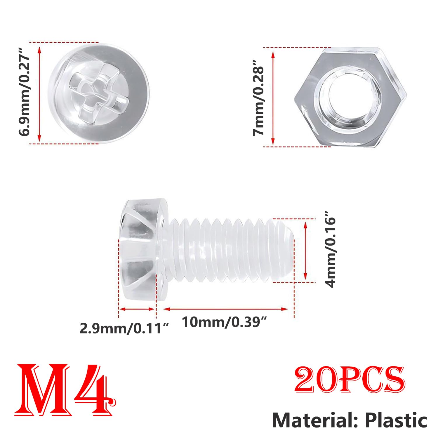 Qrity 20 PCS Plastic Bolts and Nuts Set, M4x10mm Transparent Phillips Machine Bolts M4 Nut - Image 2