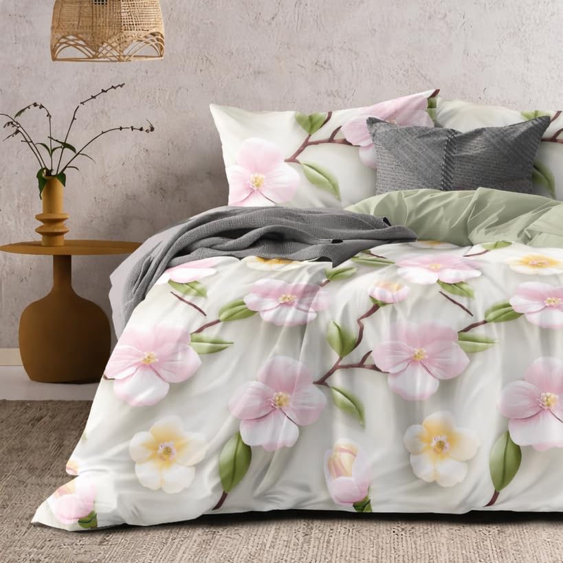 Image of DECOR2ADMIRE 300 TC Premium 7D Print Super King Size Cotton Bedsheet Set with 2 Pillow Covers | Ultra Soft 108 inch x 108 inch | Elegant Floral Designs (Green Blossom)
