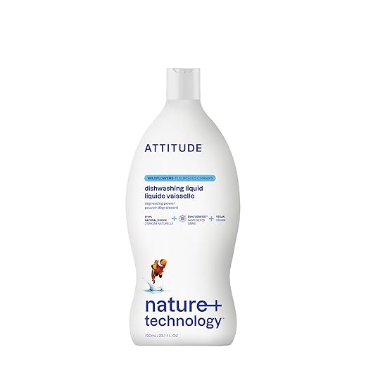 ATTITUDE Natural Dish Soap, ECOLOGO Certified Dishwashing Liquid, Hypoallergenic and Biodegradable, 700 mL, Wildflowers (Packaging May Vary)