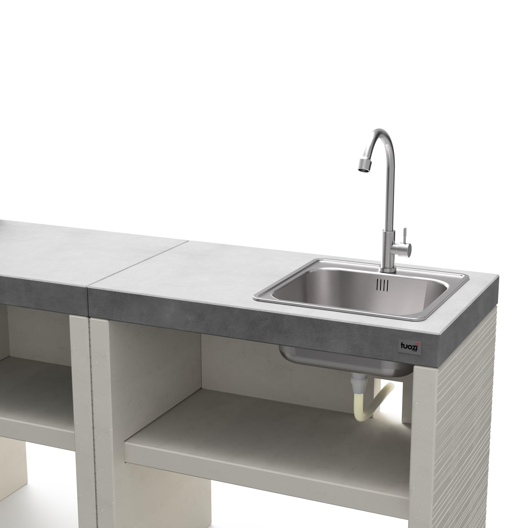 TUOZI - PACK 5 – VENIT FLEX – Cocina de Exterior Modular con Barbacoa de Obra para Carbón y Leña, Conjunto con Parrilla de Acero, Fregadero y Superficie de Trabajo (156 x 47 x 95 cm)