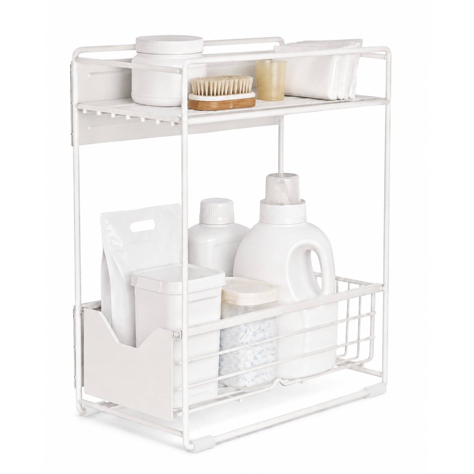 GoDyna Magnetic Storage Rack for Washing Machine Side with 2 Tier Shelves and Side Compartments, Laundry Organiser for Detergent Bottles, Cleaning Supplies, Bathroom, Kitchen and Utility Room Storage