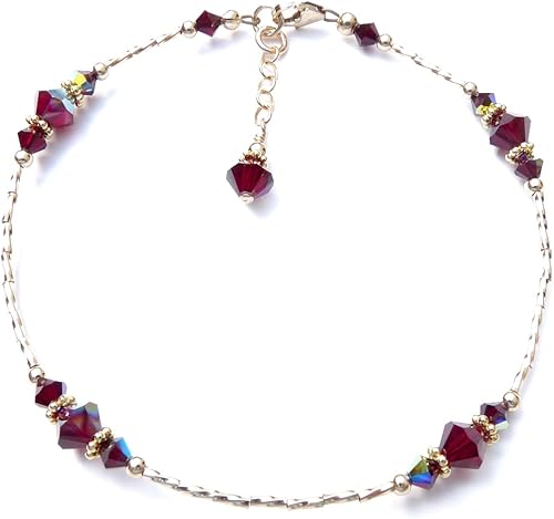 Miniatura 2 de DAMALI Garnet Anklet, January Birthstone, Womans Gold Crystal Beaded Ankle Bracelets, Capricorn & Aquarius Zodiac Gems Sm to Plus Sizes