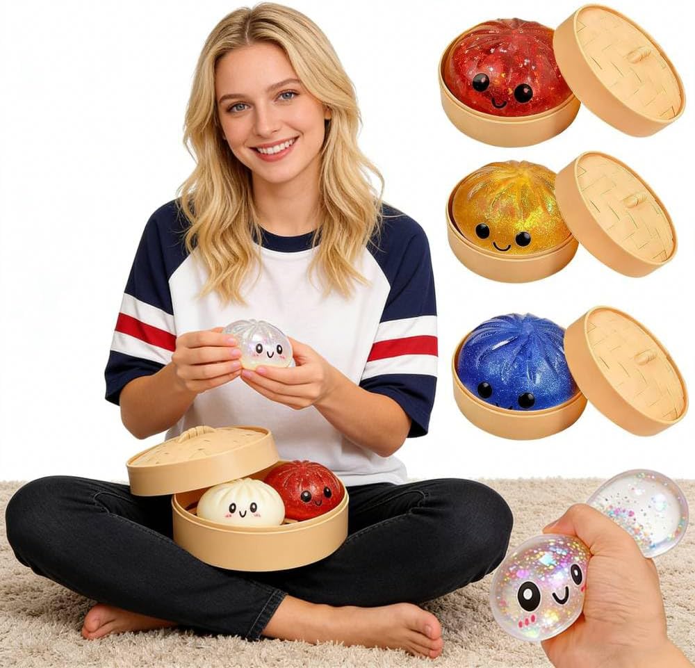 Glitter Dumpling Squishy-Giant Dumpling Squishy Fidget Toy with Steamer Case,Mega Rainbow Slow-Rising Sensory Decompression Toy, Thermoplastic Rubber, Stress Relief for Adults (Gold)