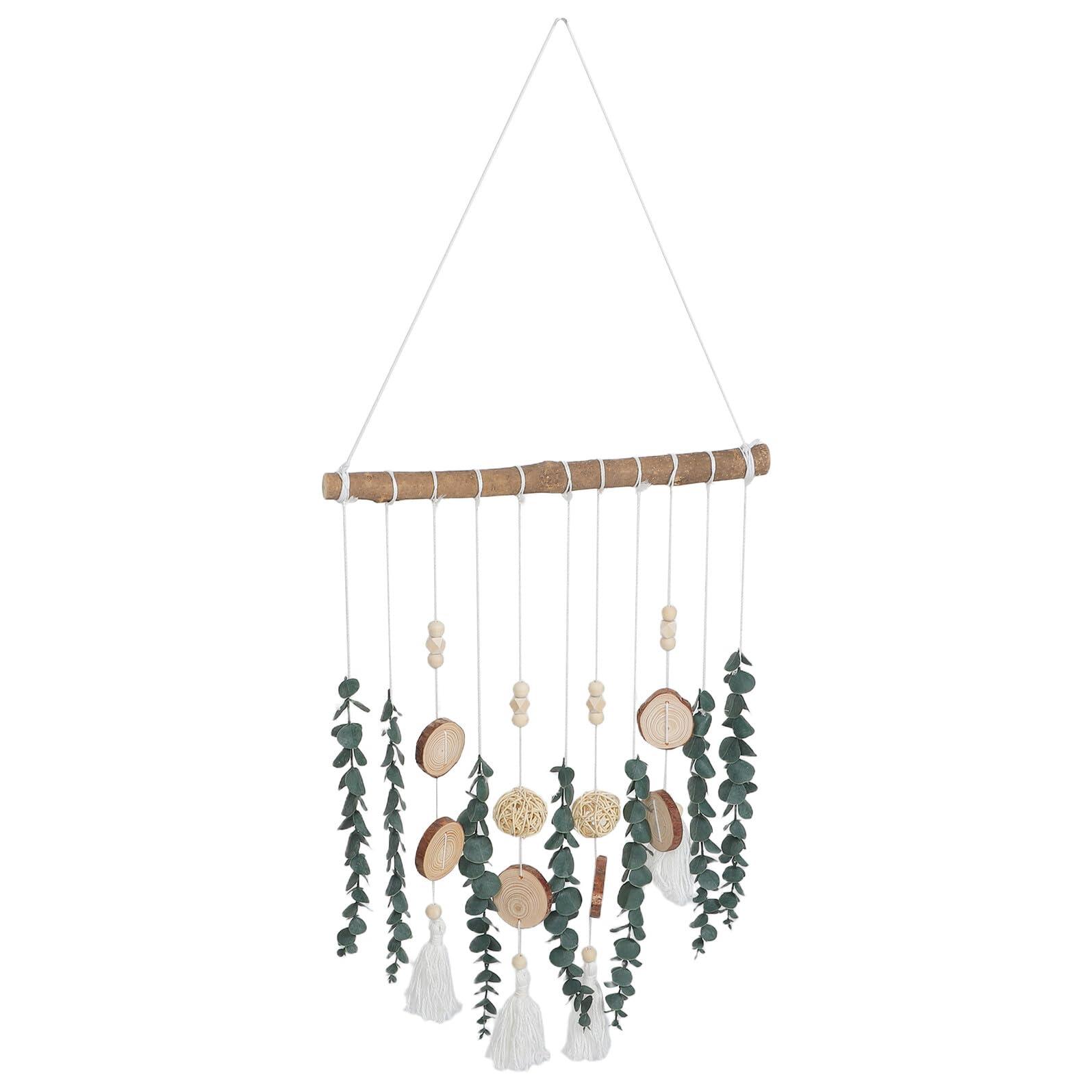 Decorazione da Parete Boho in Legno Ghirlanda di Eucalipto Artificiale Verde, per Arredamento Rustico Casa e Stanza, Piante Sospese per Interno ed Esterno, Perline Decorative