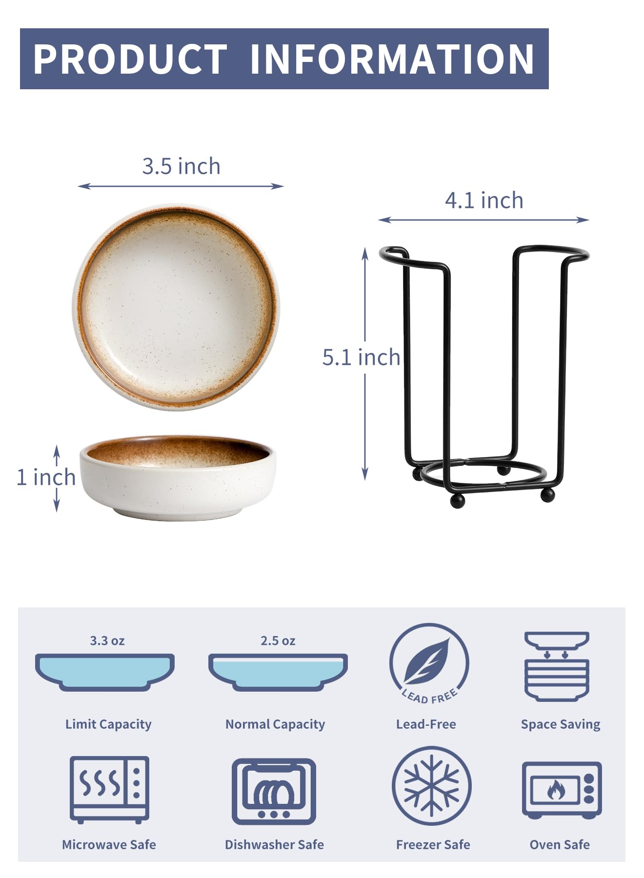 YJR Guarniciones japonesas de cerámica, platos de condimento, cuencos de inmersión de 3.5 pulgadas, con soporte de metal para ketchup, salsa de soja, fiesta de barbacoa, juego de 6, Mocca