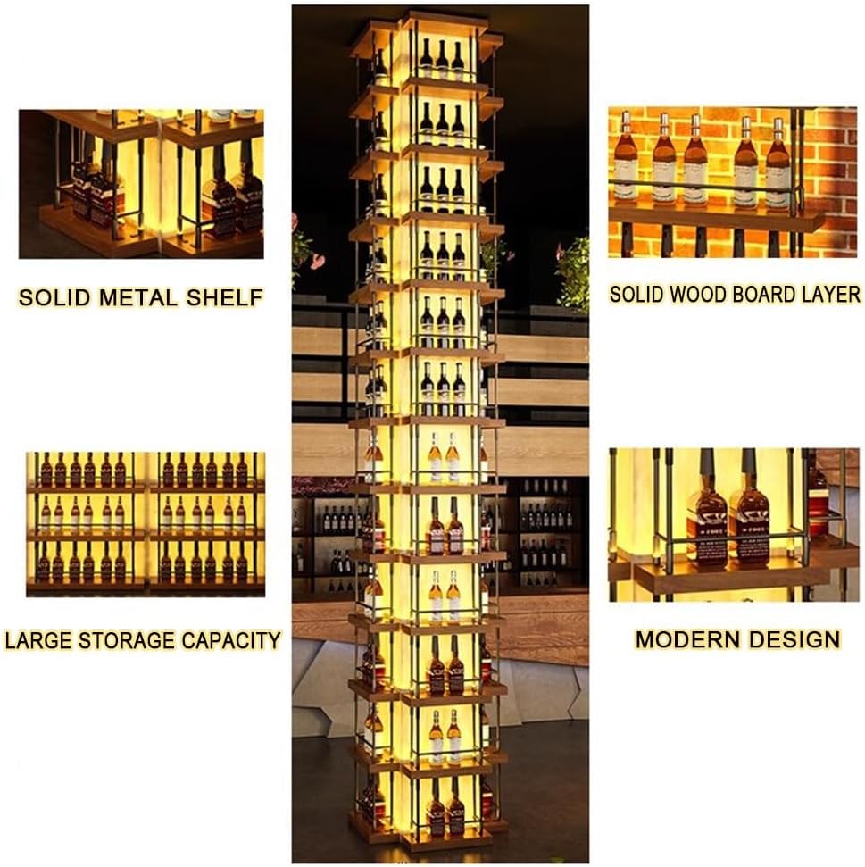 Industrial Freestanding Wine Rack, Stackable Modular Wine Holder with LED Lights, Large Floor Stand for Wine Bottles, Metal & Wood Design (45x15x45cm)