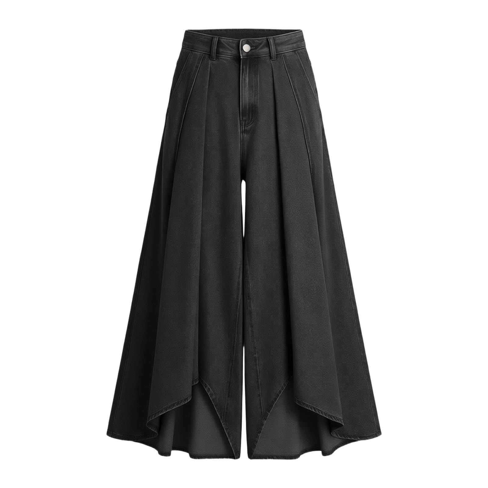 Pantalon asymétrique taille haute pour femme avec jupe superposée à volants sur le côté - Pantalon ample et fluide en jean