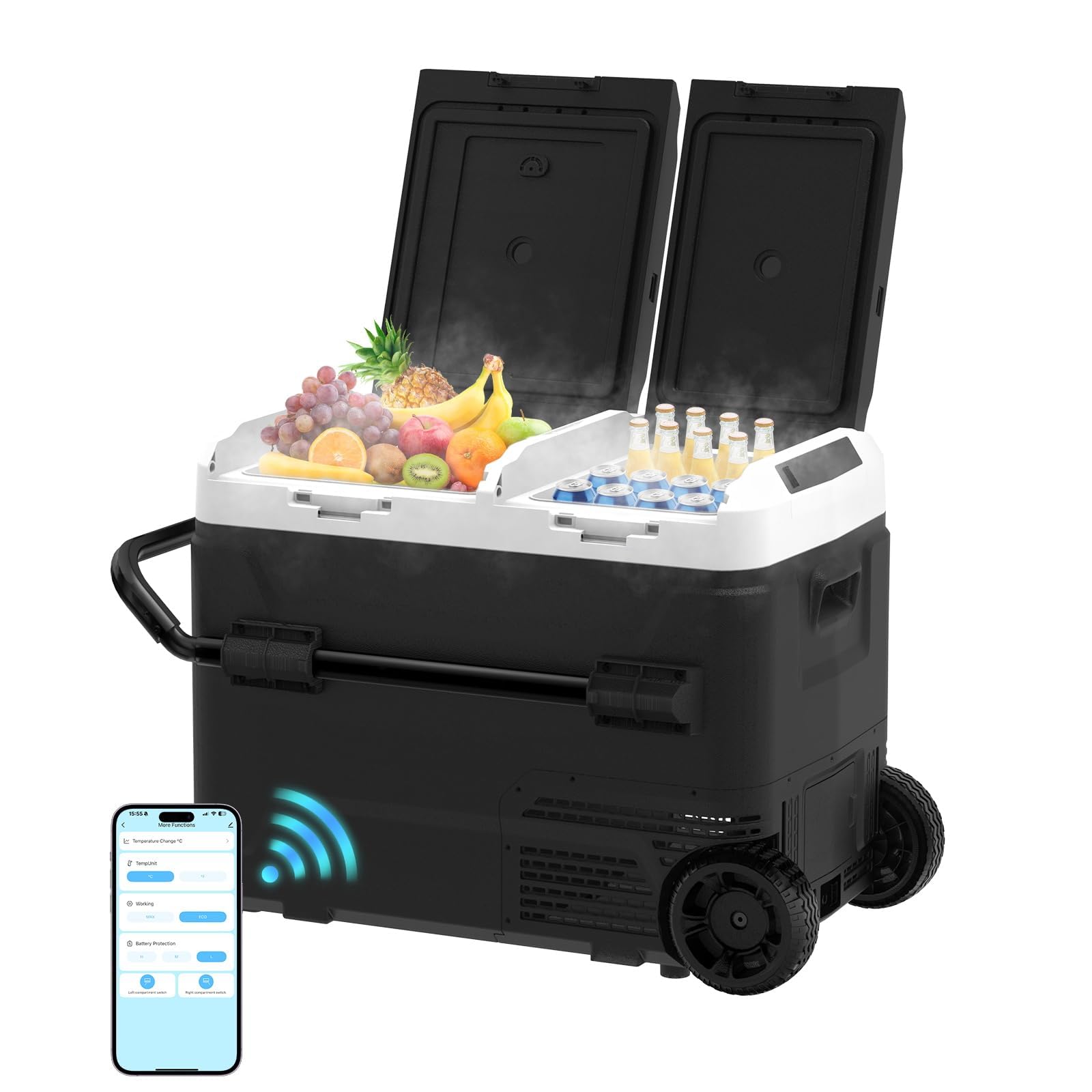 AS 60L Kompressor Kühlbox Dual Zone 12V/24V/230V mit Rollen,-20°C | Tragbare Gefrierbox, APP-Steuerung, Teleskopgriff, Kühlbox für Auto, Zuhause, LKW, Camping und Wohnmobil