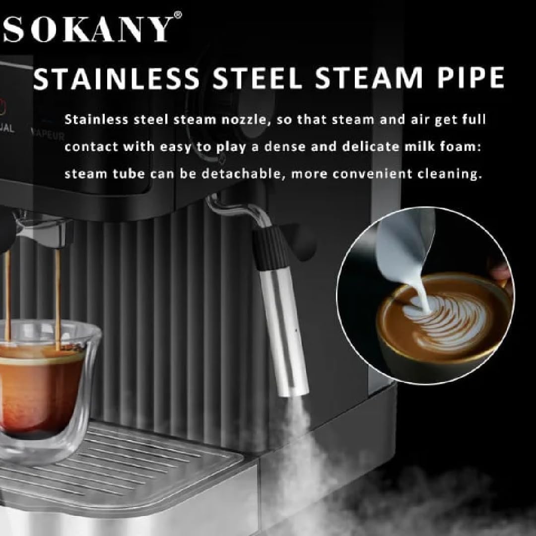 Diagram showing key features of Sokany Coffee Machine: button selection, extracted coffee, large tank, removable water tray