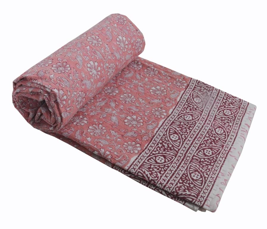 V Vedant Designs Indian Kantha Quilt Block Printed Kantha Blanket Cotton Kantha Bedspread Handmade Coverlet Throw Queen & Twin Size Kantha Bedcover (Multi 01, Twin(90x60))