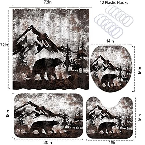 Atgowac 4 Piece Bear Shower Curtain Sets With Rugs, Bear Bathroom Set Rustic Bear Bath Mat Forest Wild Animal Bear Painting Prints Farmhouse Cabin Shower Curtain Bathroom Decor #TOP3