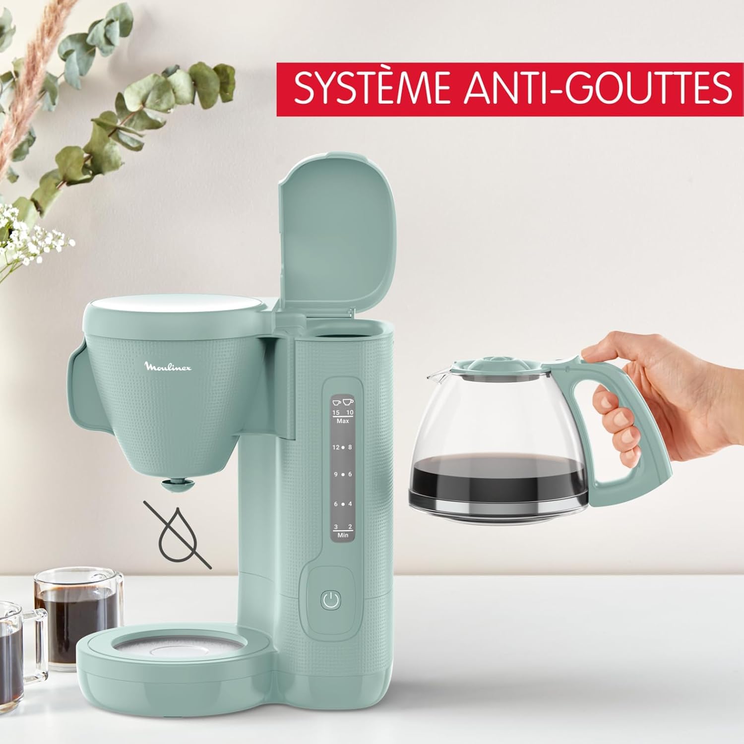 Moulinex Przelewowy ekspres do kawy, 10-15 filiżanek, 1,25 l, obrotowy uchwyt filtra, system zapobiegający kapaniu, utrzymywanie ciepła, Morning, eukaliptus, FG2M1310