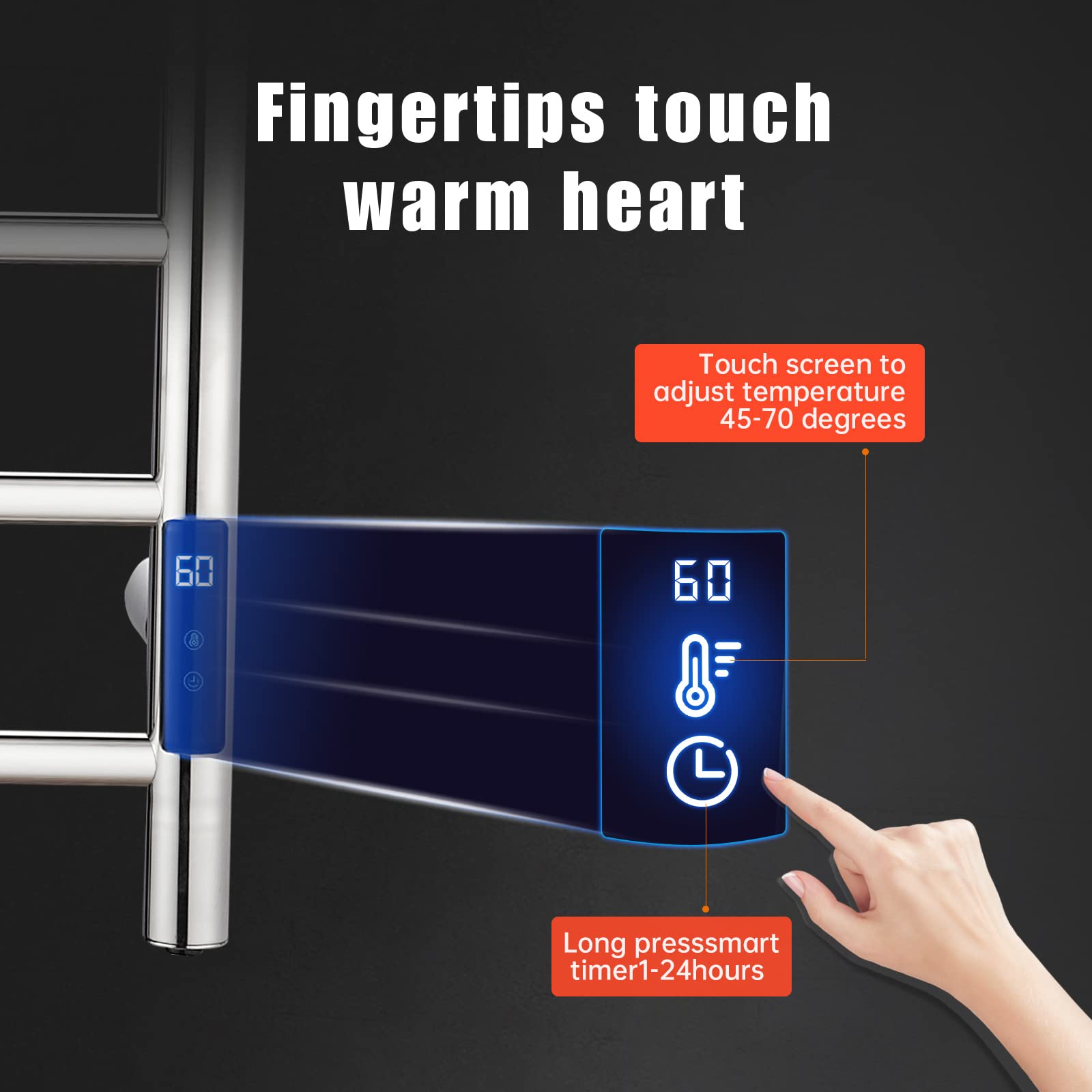 QL Handtuchwärmer Elektrischer 145W Mit Timer Stufenlos 680 x 500 mm Silber | 304 Edelstahl,Intelligenter Touchscreen, Thermostat 55°C,12h≈1kWh,Automatische abschaltung für hohe spannung,für Badezimmer