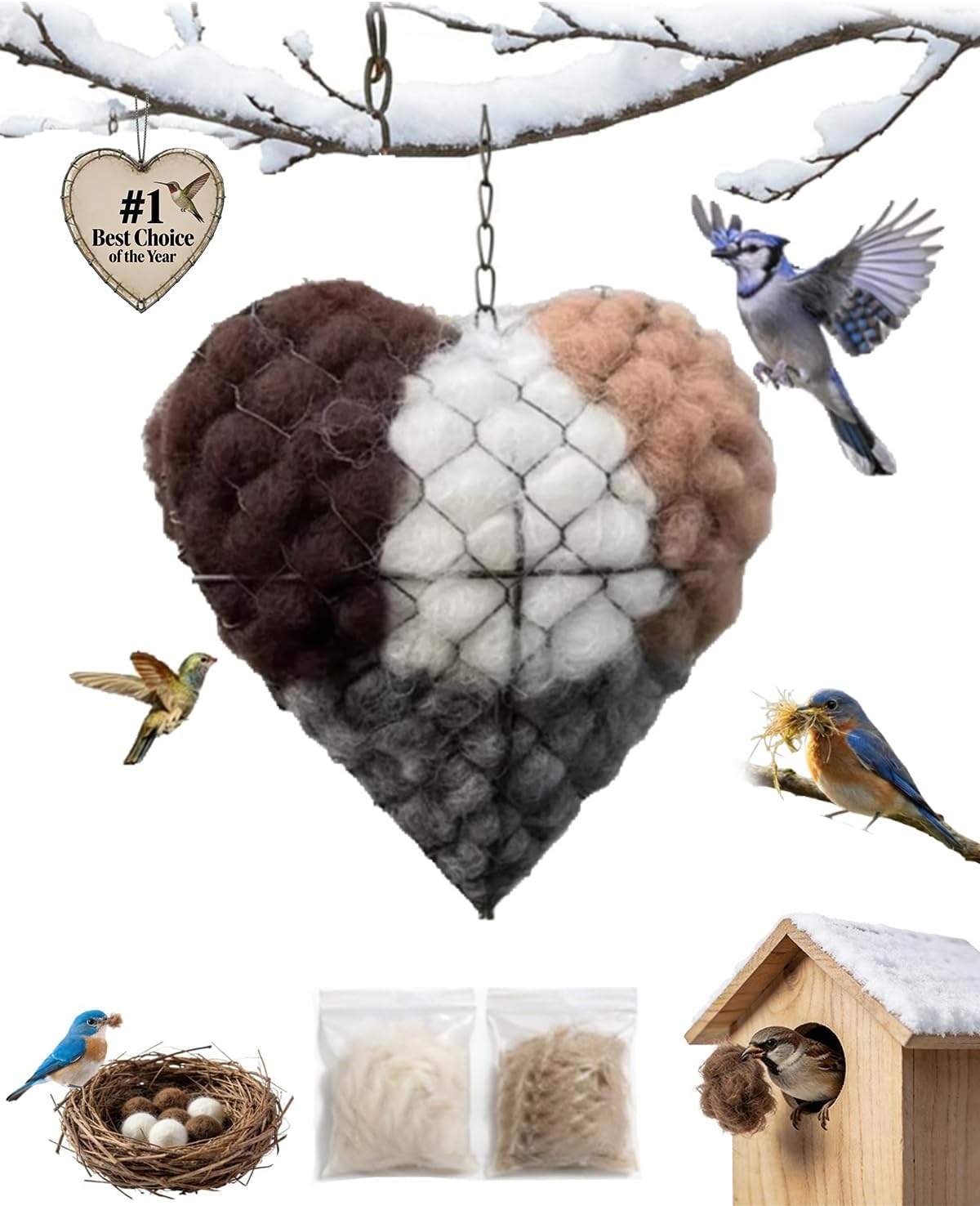 Handmade Alpaca Fiber Bird Nesting Heart, Outside Winter Tree Shelter for Wild Bird, Birds Nests Material Holder for Garden Art Birdhouse, Hummingbird Houses Nest Boxes for Birds Lovers (2PCS)