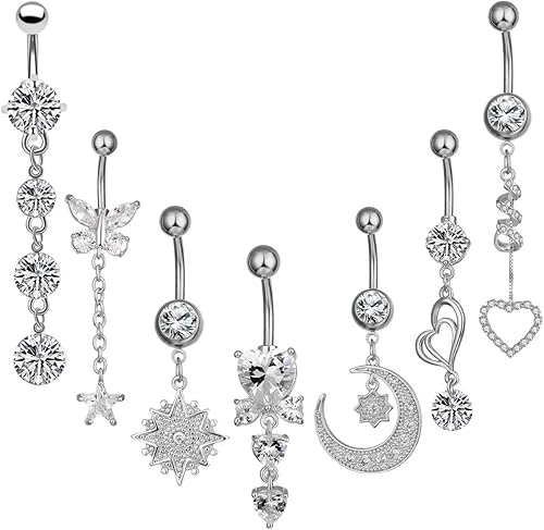 NASAMA Piercing de ombligo de acero inoxidable 14G para mujer, joyería de piercing para el ombligo CZ