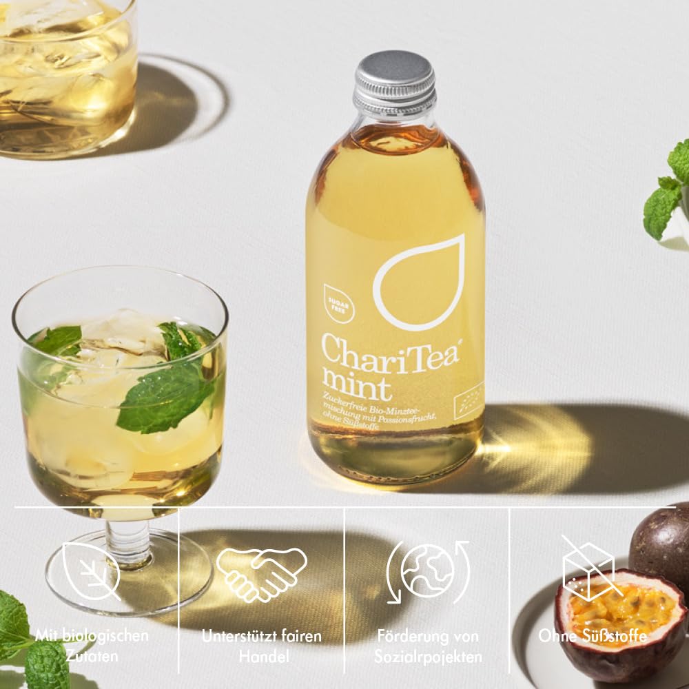 Charitea - Mint Sugarfree - Fairer Eistee mit besten Bio Zutaten - Leckeres Erfrischungsgetränk in Glas Flasche - Biologisch angebauter Tee (24 x 330ml)