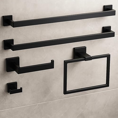 Matte Black 5-Piece Bathroom Hardware Set， INDARE Towel Rack for