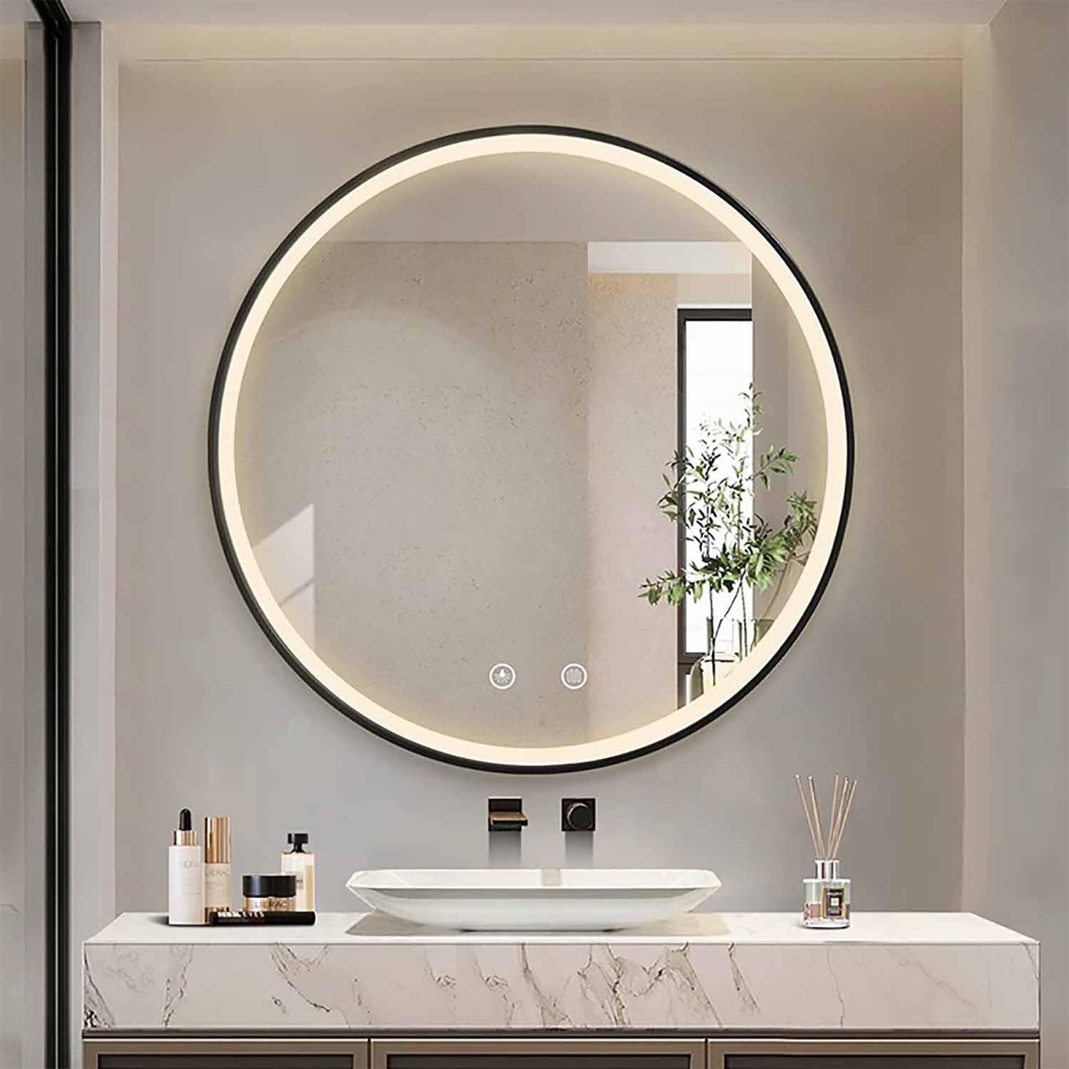 SXFSDOU Round LED Bathroom Mirror 100CM with Touch Switch - 3 Color Light Makeup Fog-Free Wall for Washrooms (Black 60CM/24in)