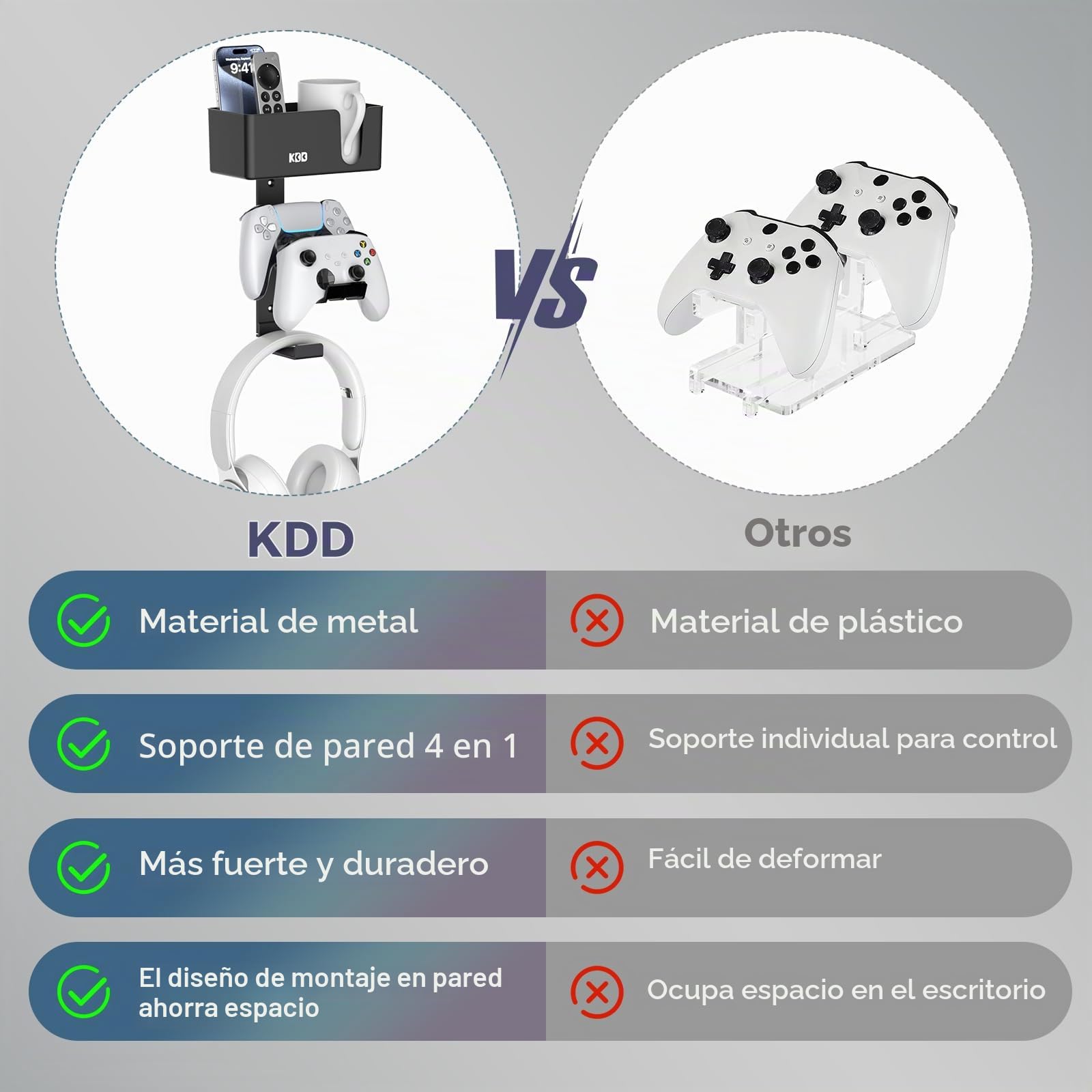 KDD Doble Soporte Mando Pared 4 en 1, Soporte para Controlador y Porta Auriculares Gaming con Almohadillas Antideslizantes, Desmontable Gancho Controlador de Pared para PS5/PS4/Xbox/Nintendo Switch