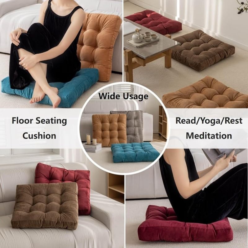 Quadratisches Yoga-Kissen zum Sitzen, dickes getuftetes Kniekissen, 53 x 53 cm, weiche Matte für Balkon, Outdoor, bequemes Bodenkissen, Gelb