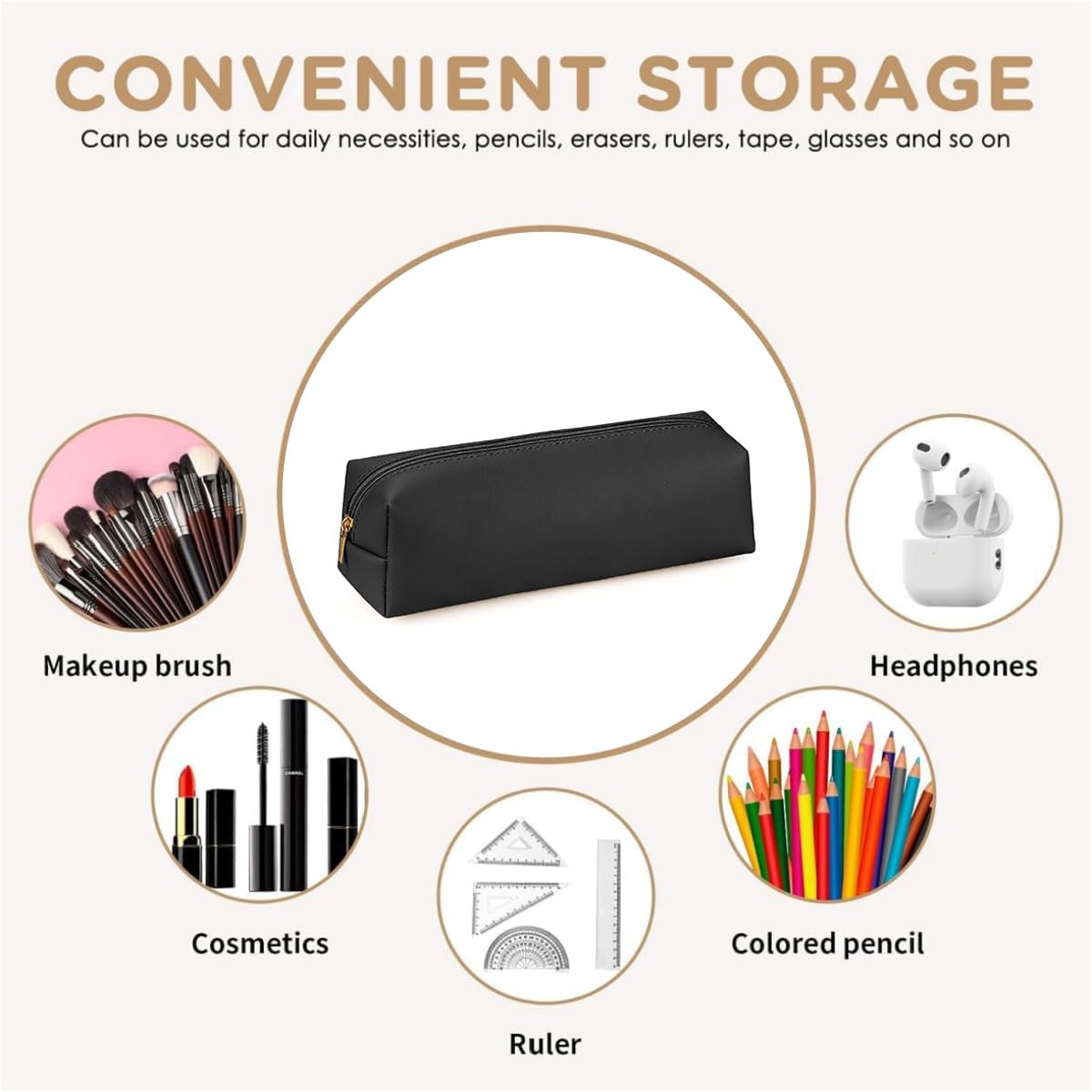 Small Pencil Case,Leather Pencil Case for Girls & Women Cute Aesthetic Black Zippered Pouch Portable Large Capacity Stationery Organizer & Cosmetic Bag for School College Office Travel - Image 4