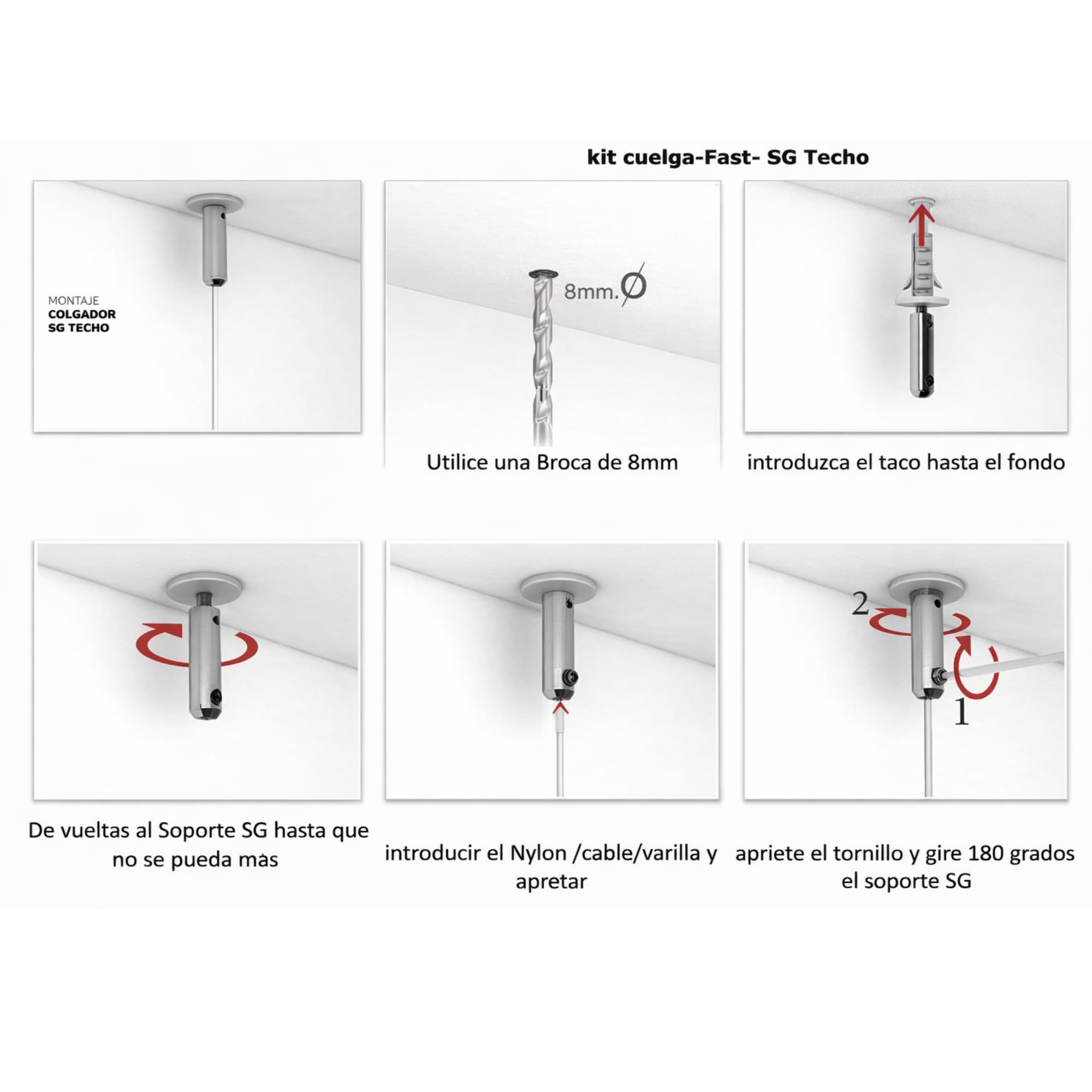 Ganchos para colgar cuadros | Soporte para techo regulable | Incluye taco expansivo | Nylon 2 m + gancho Fast | Soporta hasta 9 kg | Ideal para hogar o escaparates (10 unidad)