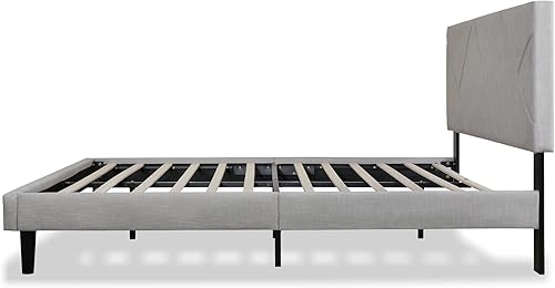 Miniatura 6 de Moderna base de cama tapizada de lino con cabecera capitoné, soporte de listones de madera, base de colchón, no necesita somier, marco de cama Beige