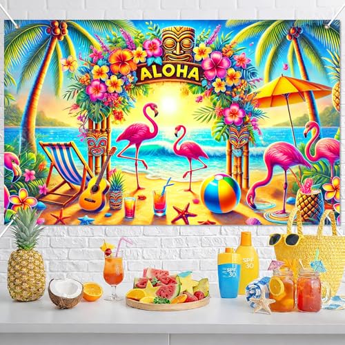 Image of BlissYard Hawaiian Party Decorations Banner 71 x 43 Inch Aloha Backdrop with Flamingo Tiki Totem Palm Tree, Luau Party Decorations Beach Photo Booth Background for Summer Aloha Decor
