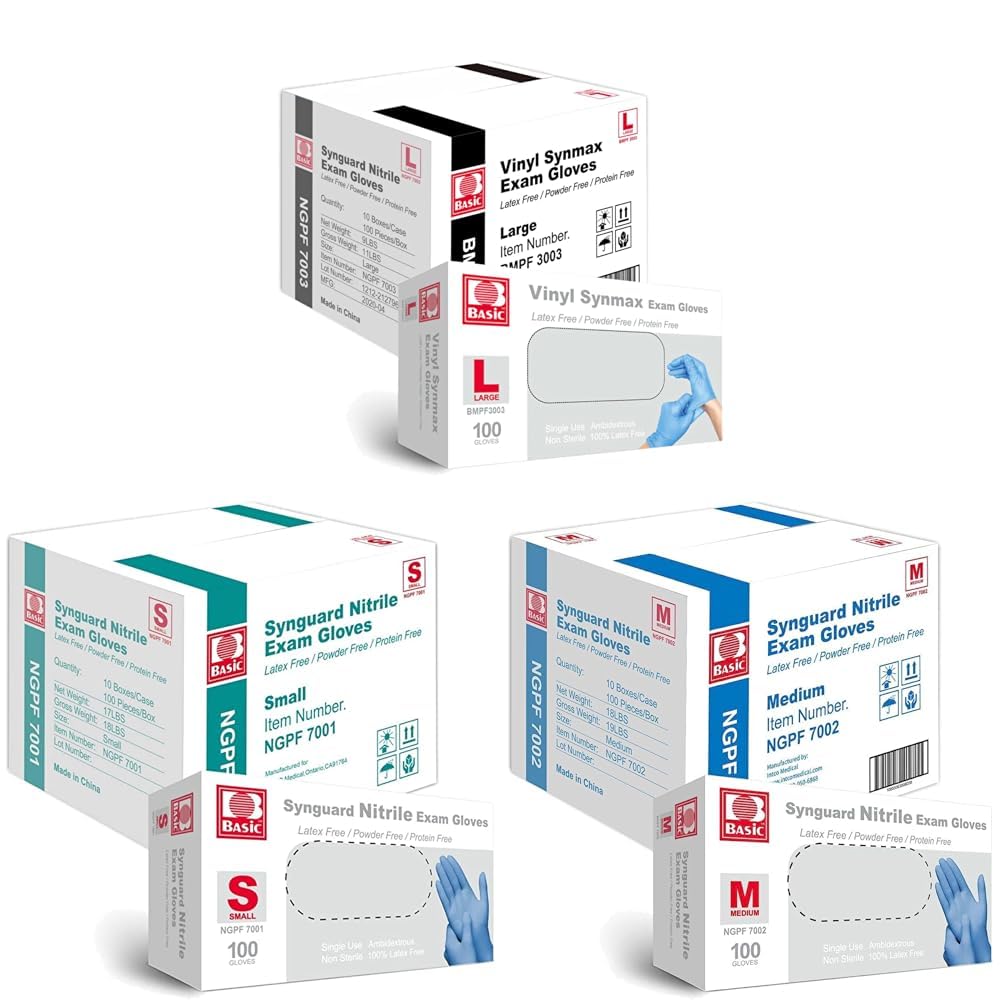 Basic Medical Synmax Vinyl Exam Gloves & Medical Blue Nitrile Exam Gloves & Medical Blue Nitrile Exam Gloves - Latex-Free & Powder-Free - NGPF-7002 (Case of 1,000), Medium