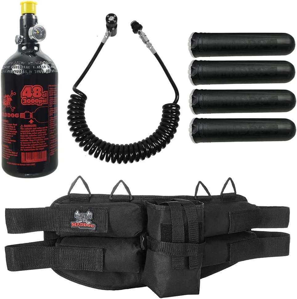 Maddog 4+1 Paintball Harness with (4) Paintball Pods, 48ci/3000psi Compressed Air HPA Paintball Tank & Standard Remote Coil Accessory Package