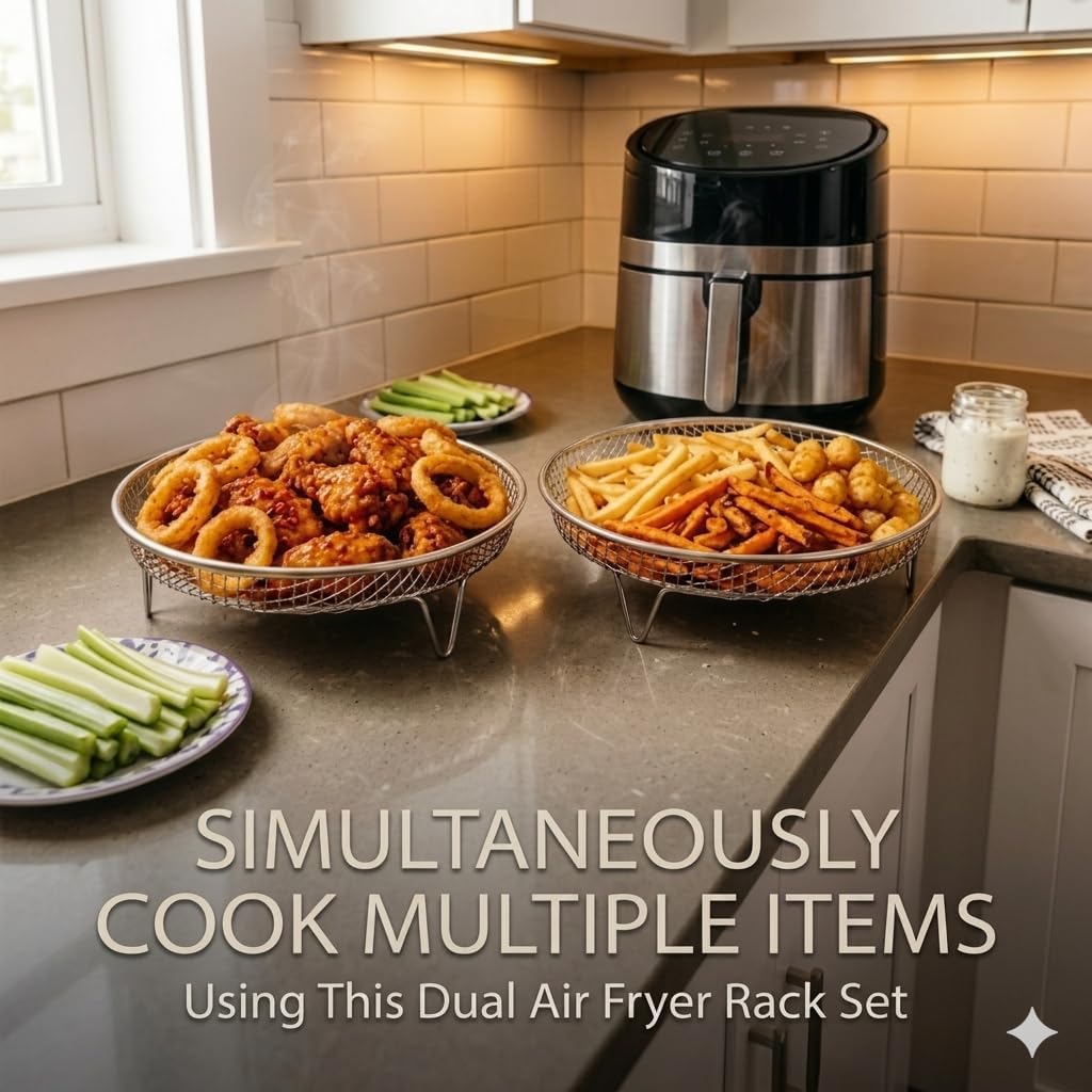 Dual‑Layer Air Fryer Rack Set with Elevated & Standard Legs, Stainless Steel Mesh Baskets, Air Fryer Accessories, Dishwasher‑Safe, Includes Gripper Clip & Silicone Mitt (2 Layers Round)