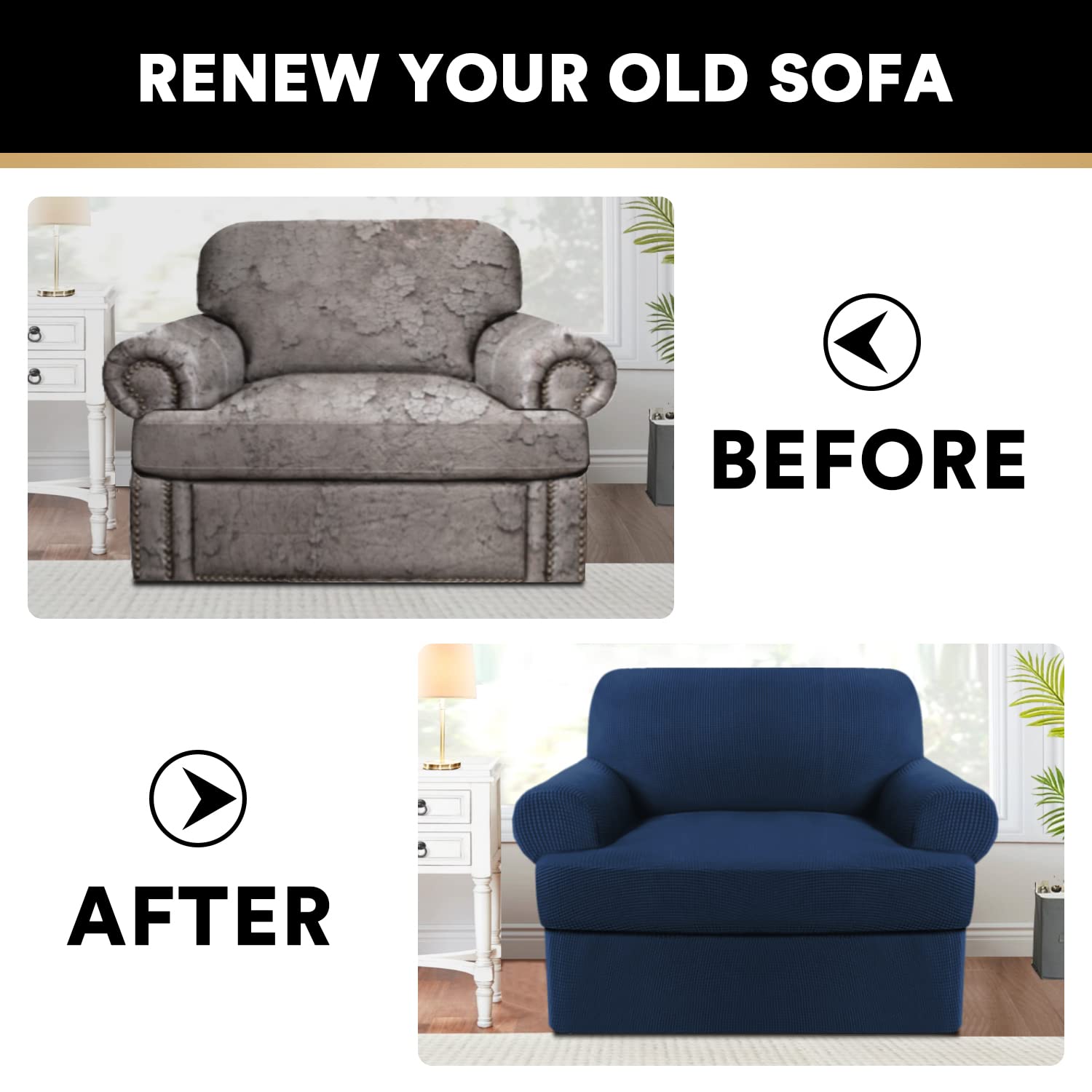 2 Pieces Armchair Slipcover Stretch Couch Covers for T Cushion Chair Slipcovers Soft Armchiar Covers Furniture Covers with 1 Individual T Cushion Shape Seat Covers Machine Washable, Navy