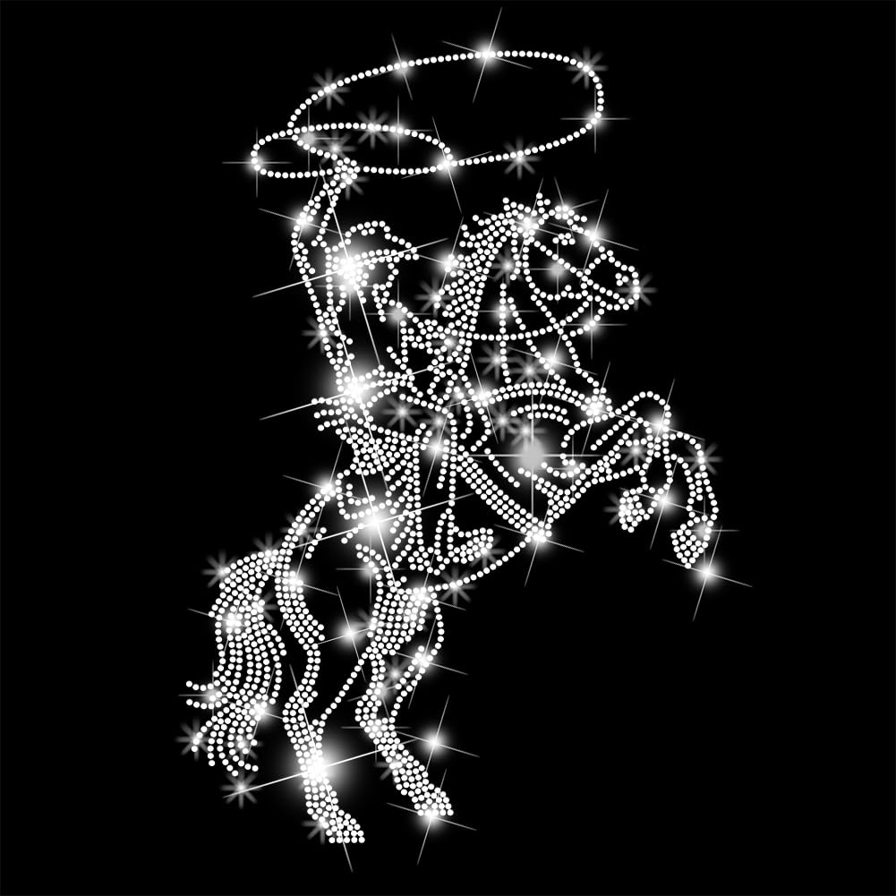 GOMAKERER 1 Pc Western Cowboy Rhinestone Iron on Transfers, Sparkling White Rhinestone Iron on Hotfix Transfer Decal Bling Crystal Clothing Transfer Repair Applique Patches for T-Shirt Jeans Pants