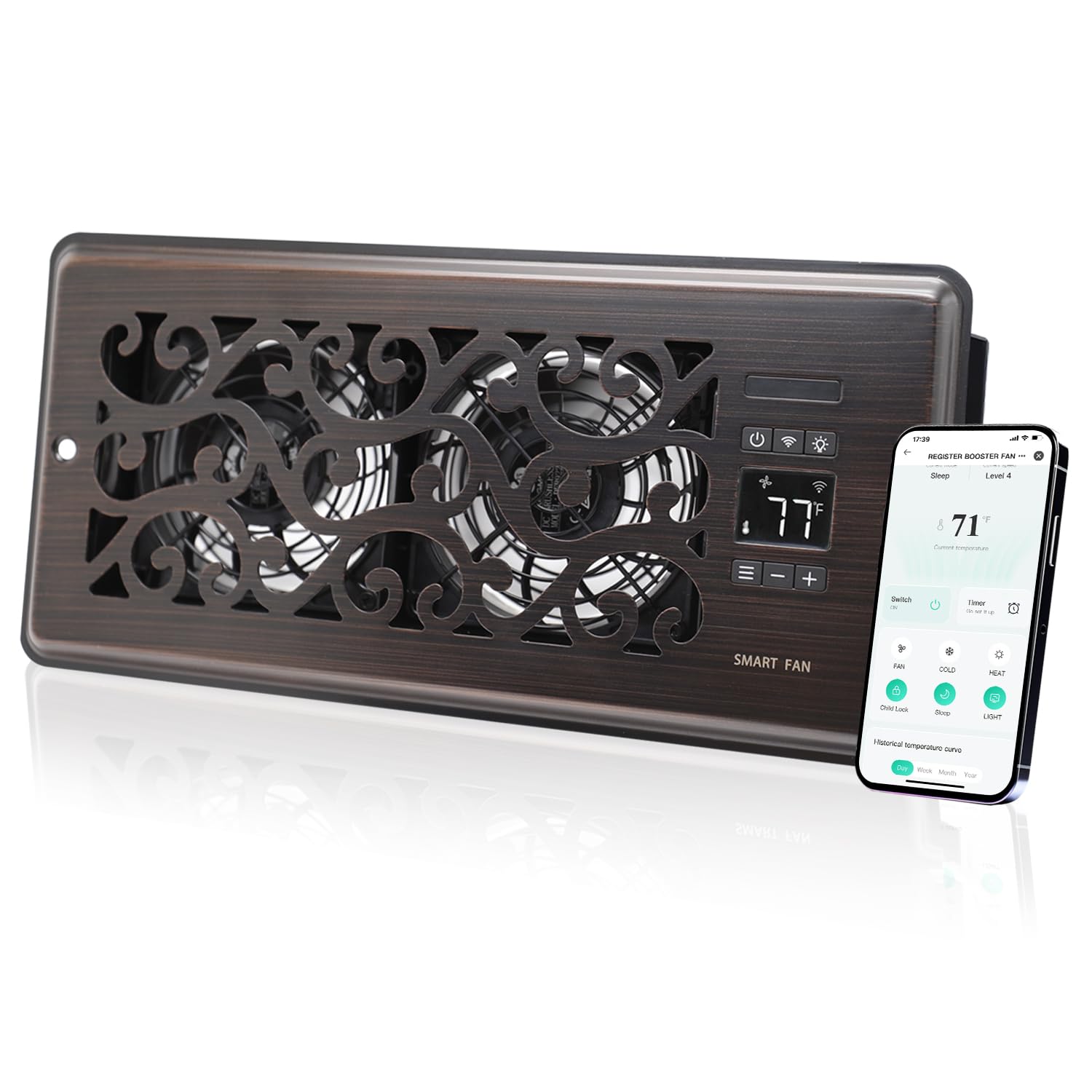 SANYCASA Register Booster Fan for 4" x 10" Register Holes, Quiet Vent Fan Booster with Intelligent Thermostat, Improves Heating Cooling, App Control, 10-Speeds, Charleston Smart Register Vent, ORB