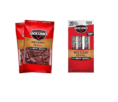 Jack Link's Carne seca original, 9 onzas (paquete de 2) + palitos de ternera, original, 0.92 onzas (20 unidades) - Gran aperitivo para el día a día,