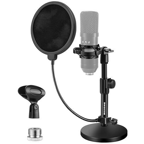 BILIONE Multifunctional Desktop Microphone Stand, Adjustable Mic Stand Desk with Pop Filter, Shock Mount, Microphone Clip, 5/8" to 3/8" Metal Screw Adapter - Round base